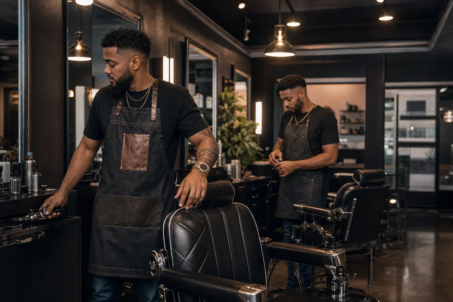 Two Cutline barbers setting up their chairs in the dark, modern shop