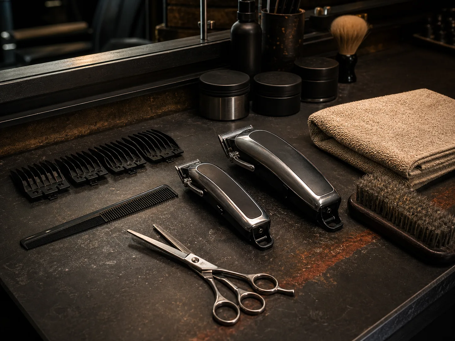 Clippers, combs, scissors, brush, and towel arranged on the counter