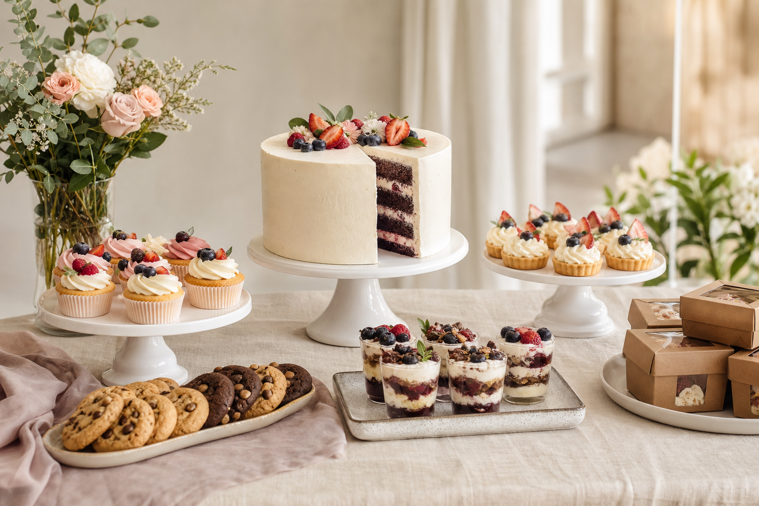 Dessert table with cake, cupcakes, cookies, dessert cups, and boxes